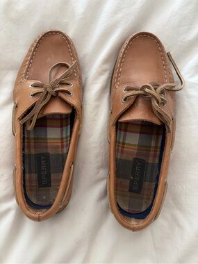Sperry  Tan Leather Boat Shoes with Plaid Lining